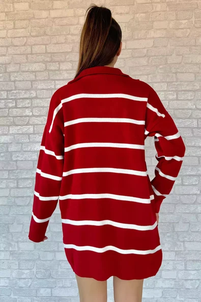 Kırmızı Çizgili Yarım Fermuarlı Triko Tunik - 4