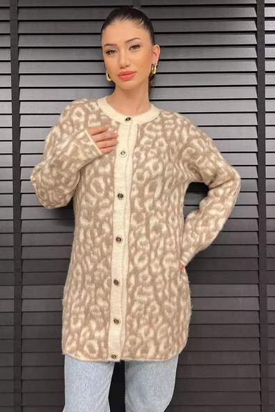 Bej Krem Kadın Leopar Desen Triko Hırka - 1