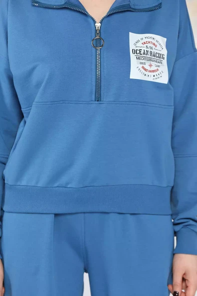 Mavi Kadın Dik Yaka Yarım Fermuarlı Sweat Pantolon Eşofman Takımı - 4