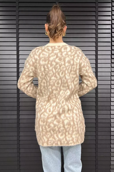 Bej Krem Kadın Leopar Desen Triko Hırka - 4