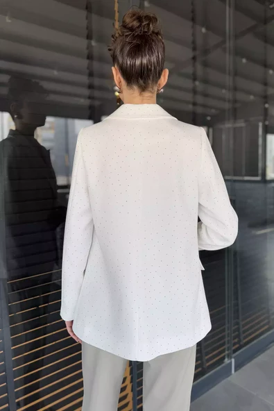 Krem Taş Detaylı Kadın Tarz Blazer Ceket - 3