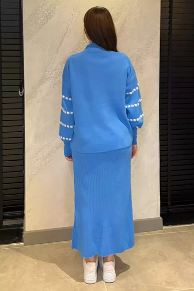 Mavi Triko Kazak Elbise İkili Takım - 4