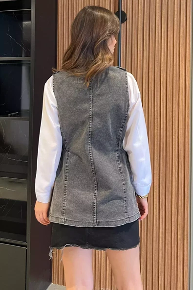 Antrasit Kadın Bel Lastkli Jean Kot Yelek - 4