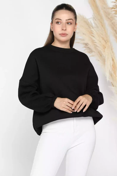 Siyah Kadın Şardonlu Üç İplik Sweatshirt - 1