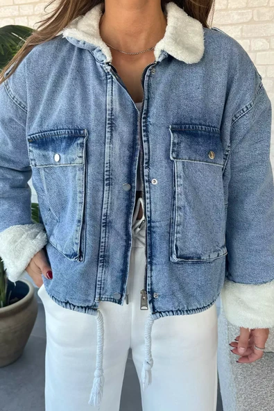 Buzmavisi Kadın Yaka Ve Kol Peluş Detaylı Kot Jean Ceket - 3
