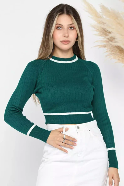 Zümrüt Yeşili Fitilli Crop Triko Kazak - 1