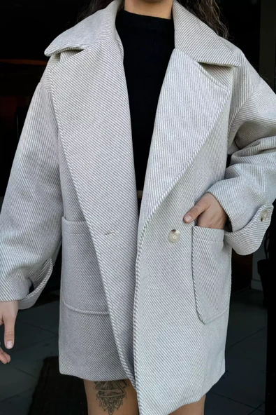 Vizon Kadın Astarlı Balıksırtı Oversize Kaşe Kaban - 3