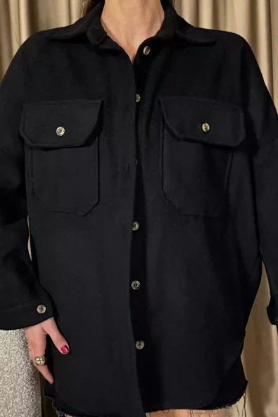 Siyah Kadın Oversize Kaşe Gömlek Ceket - 3
