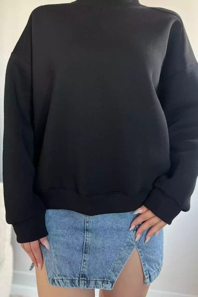 Siyah Bisiklet Yaka Oversize Kadın Sweatshirt - 3