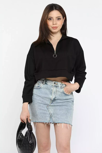 Siyah Oysho Kumaş Fermuar Detaylı Kadın Crop Top Sweatshirt - 2