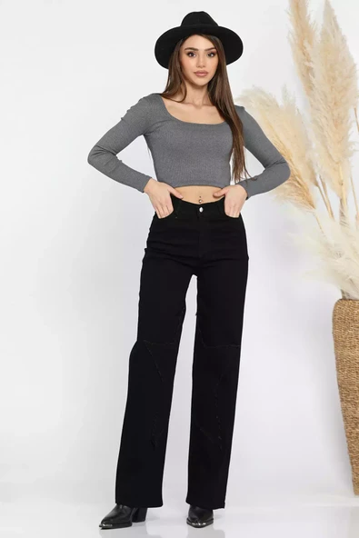 Siyah Kadın Yüksek Bel Püskül Detaylı Bol Paça Kot Jean Pantolon - 1