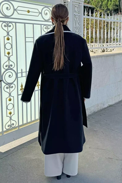 Siyah Astarlı Bel Kuşaklı Kadın Kaşe Kaban - 4