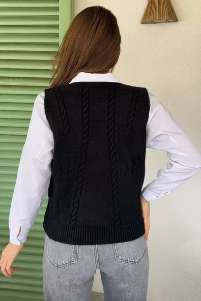 Siyah Kadın Örgü Desenli Bağlamalı Triko Yelek - 4