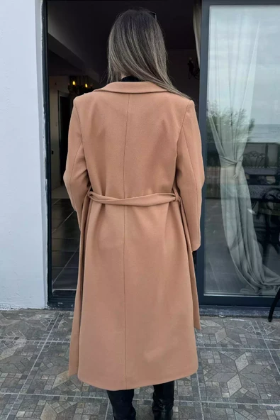 Bisküvi Kadın Astarlı Kuşaklı Kaşe Kaban - 4