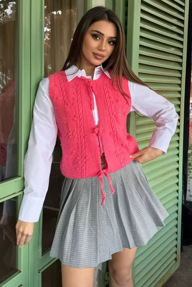 Pembe Kadın Örgü Desenli Bağlamalı Triko Yelek - 2