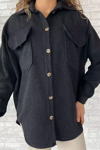 Antrasit Kadın Oversize Kaşe Gömlek Ceket - 3