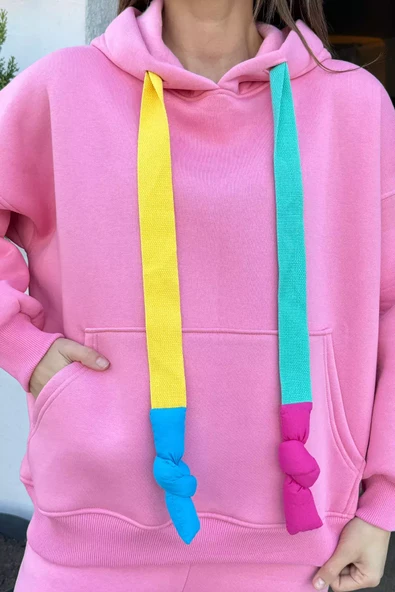 Pembe Kadın Kapüşonlu Renkli Şeritli Şardonlu Sweatshirt - 3