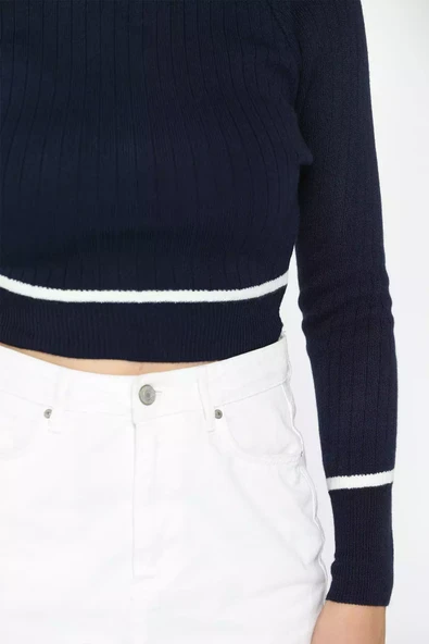Lacivert Fitilli Crop Triko Kazak - 4