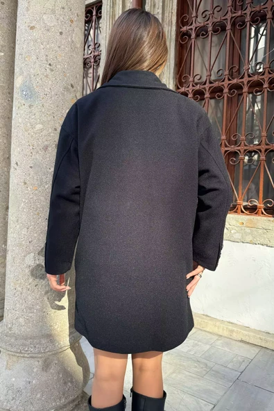Siyah Kadın Astarlı Kaşe Kaban - 4