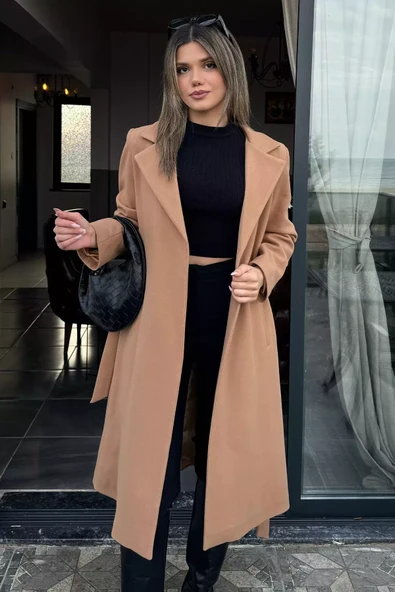 Bisküvi Kadın Astarlı Kuşaklı Kaşe Kaban - 1