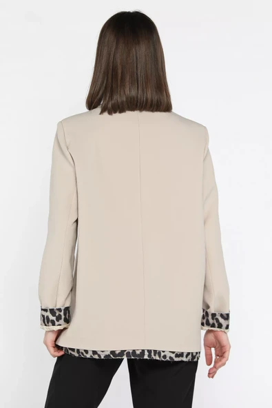 Taş Kadın Astarlı Leopar Detaylı Oversize Blazer Ceket - 3