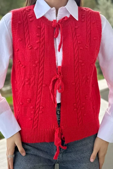 Kırmızı Kadın Örgü Desenli Bağlamalı Triko Yelek - 3