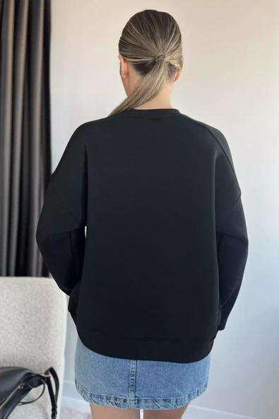 Siyah Bisiklet Yaka Oversize Kadın Sweatshirt - 4
