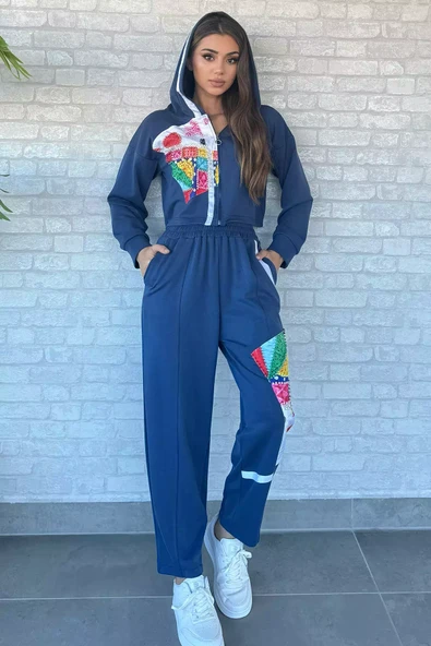 İndigo Dijital Baskılı Sweat Pantolon Eşofman Takımı - 1