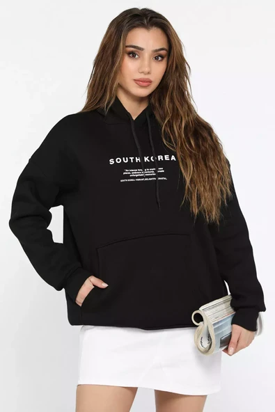 Siyah Kapüşonlu Şardonlu Yazı Baskılı Kadın Sweatshirt - 1