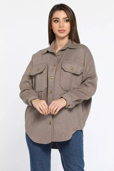 Vizon Kadın Oversize Kaşe Gömlek Ceket - 2