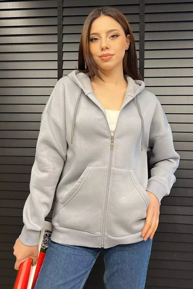 Gri Kapüşonlu Üç İplik Şardonlu Kadın Sweatshirt - 2