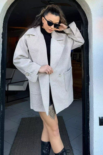 Vizon Kadın Astarlı Balıksırtı Oversize Kaşe Kaban - 2