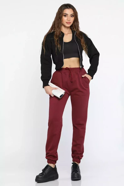 Bordo Paça Lastikli Kadın Jogger Eşofman Altı - 1