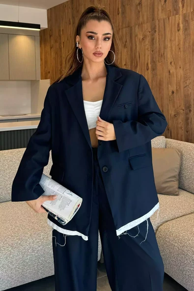 Lacivert Kadın Astarlı Oversize Arka Yazılı Blazer Ceket - 2