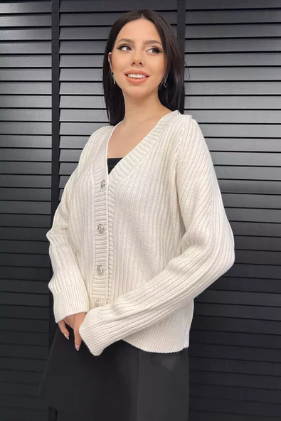 Krem Kadın Örme Triko Hırka - 2