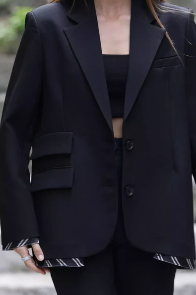 Siyah Kadın Astarlı Oversize Blazer Ceket - 3