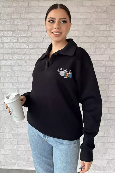 Siyah Kadın Polo Yaka Baskılı Şardonlu Sweatshirt - 1