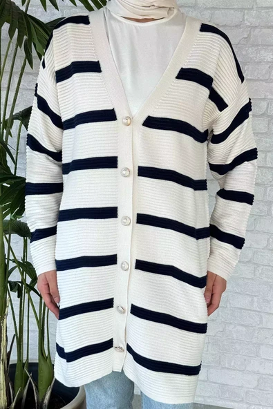 Kremlacivert Çizgili Triko Hırka - 3