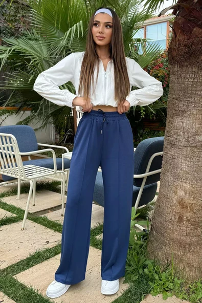 Lacivert Kadın Yüksek Bel Yazı Baskılı Çimalı Bol Paça Pantolon - 2