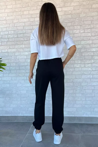 Siyah Paça Lastikli Kadın Jogger Eşofman Altı - 4