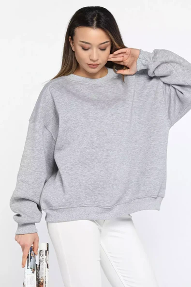 Gri Bisiklet Yaka Oversize Kadın Sweatshirt - 2