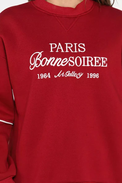 Bordo Kadın Üç İplik Şardonlu Nakışlı Sweatshirt - 4