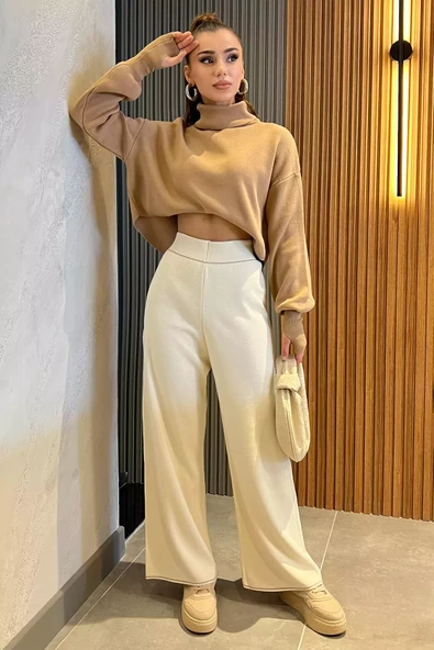 Krem Kadın Triko Pantolon - 2
