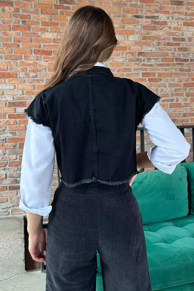 Siyah Kadın Püsküllü Zımba Detaylı Kot Jean Yelek - 3