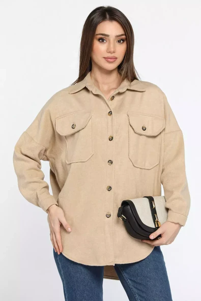 Açıkbej Kadın Oversize Kaşe Gömlek Ceket - 1