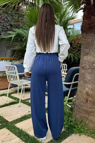 Lacivert Kadın Yüksek Bel Yazı Baskılı Çimalı Bol Paça Pantolon - 4