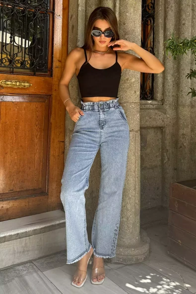 Buzmavisi Kadın Yüksek Bel Paça Püsküllü Taş Detaylı Likralı Jean Kot Pantolon - 2