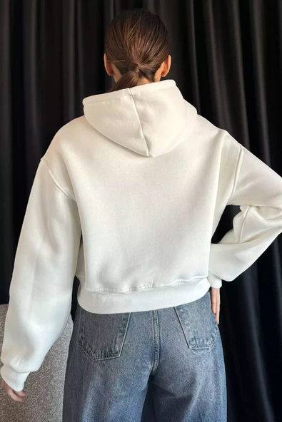 Beyaz Kapüşonlu Üç İplik Şardonlu Kadın Sweatshirt - 4