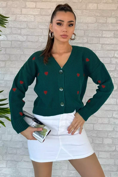 Zümrüt Yeşili Kalp Nakışlı Triko Hırka - 1