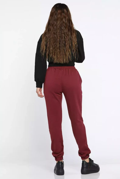 Bordo Paça Lastikli Kadın Jogger Eşofman Altı - 3